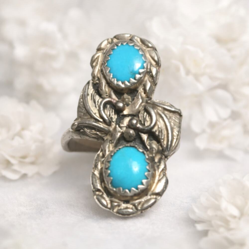 Sterling Native American Vintage Double Turquoise Ring Size 5.5 Ornate Southwest